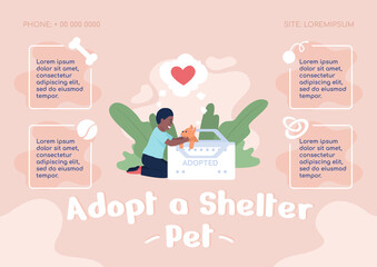 Adopt shelter pets flat vector banner template. Volunteer organization poster, leaflet printable color designs. Editable flyer page with text space. Comfortaa, Nerko One Regular, Quicksand fonts used