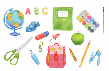 Watercolor set with school and office supplies and tools. Backpack, globe, pencil, ruler, notebook,scissors, eraser, brush isolated on white background