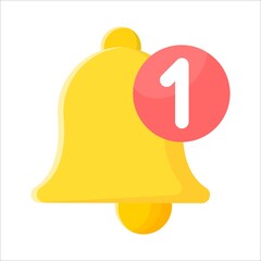 Flat yellow alert bell with number 1 in red circle, on white background