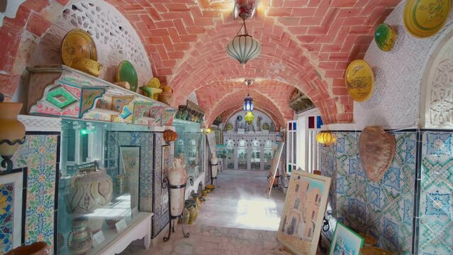 Museum Mosaic House interior. Old clay pots. Traditional Sidi Bou Said houses.