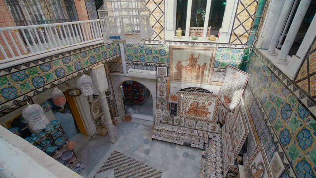 Museum Mosaic House interior. Traditional Sidi Bou Said houses. Sidi Bou Said architecture.