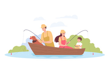 Happy family with dog fishing in boat on lake. Mother, father and son catching fish together flat vector illustration. Family, leisure, hobbies, outdoor activity concept for banner or landing web page