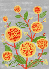 花のイラスト、黄色い花、オレンジ色の花、小さな花の塊、手描き、パステル画の様なイラスト、テクスチャーのある花のイラスト