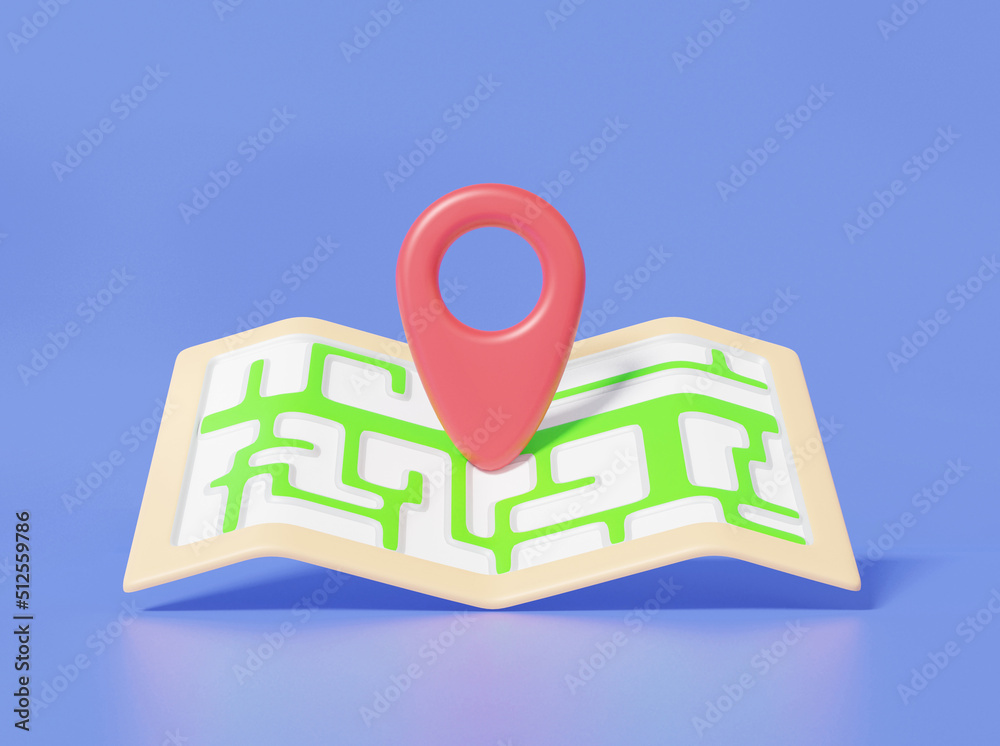 Poster minimal cartoon mark pin pointer and map location search gps, travel navigation concept. paper map, 