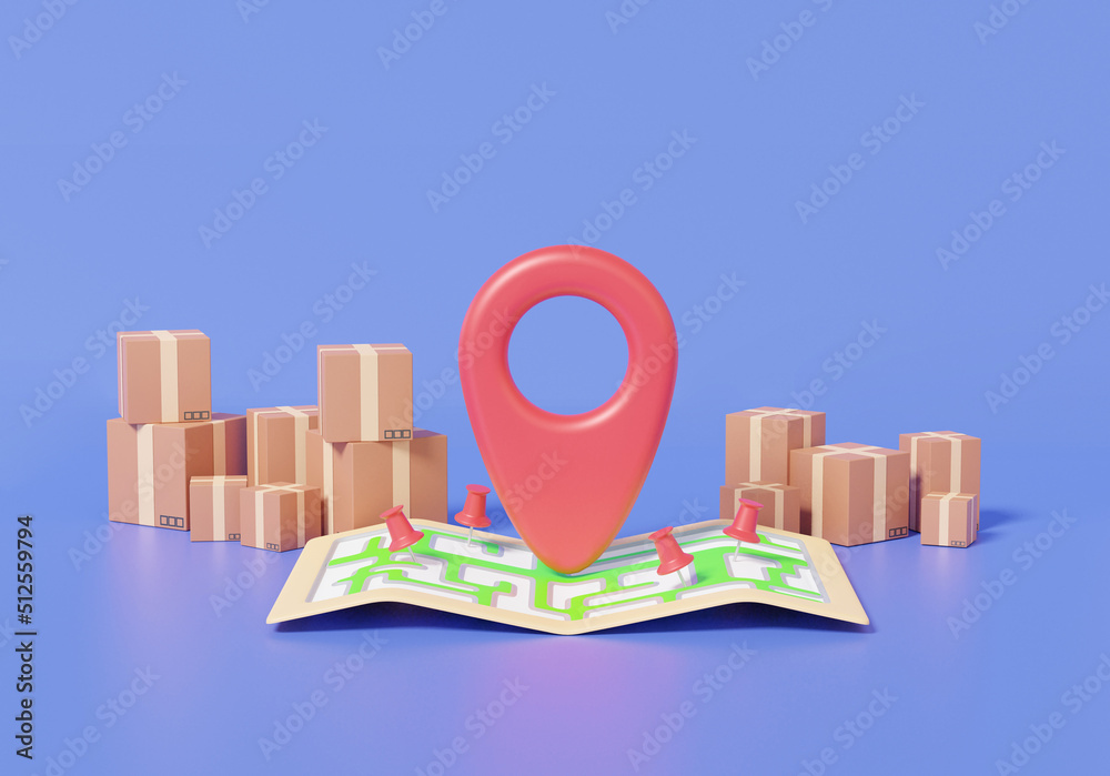 Poster mark red pin pointer and map location search gps, paper map, stack parcels box with logistics transp