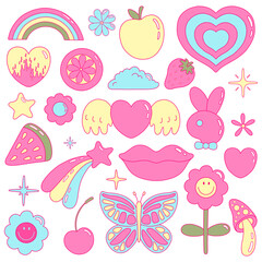 Vector illustration set from y2k vibe. Nostalgia for the 2000 years. Heart, star, mushroom, apple, strawberry, watermelon, flowers, rainbow, cloud, butterfly, hare, lip, cherry