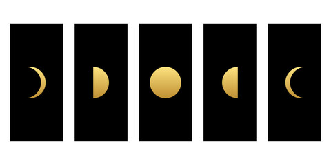 Yellow golden moon different phases of lunar phases on black square boho flat vector icon design.
