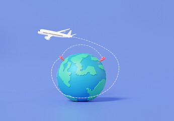 Fototapeta na wymiar Cartoon minimal. tourism plane trip planning worldwide tour with mark map pin earth location. travel leisure touring holiday summer concept. 3d rendering illustration.