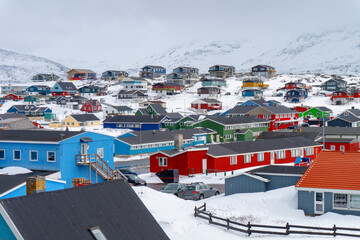 sisimiut greenland panoramic cityscape with colorful houses - obrazy, fototapety, plakaty