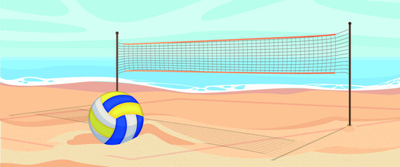 Volleyball net and ball on sand in summer background. Active lifestyle on beach with sand near sea or ocean with sky. Beach volleyball court with an ocean background.