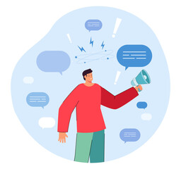 Man with dizzy symptoms and stress holding megaphone. Disorientation and message overload of person flat vector illustration. Anxiety, psychology concept for banner, website design or landing web page
