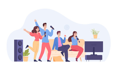 Group of friends drinking and singing karaoke at home. Young people or students sitting in front of TV flat vector illustration. Communication, entertainment, leisure concept for banner, landing page