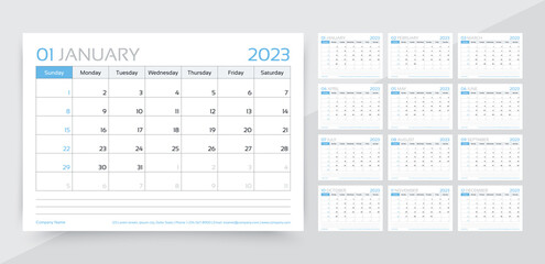 2023 calendar. Planner template. Week starts Sunday. Yearly calender organizer. Table schedule grid with 12 month. Desk monthly diary layout. Vector illustration. Paper size A5. Horizontal design.