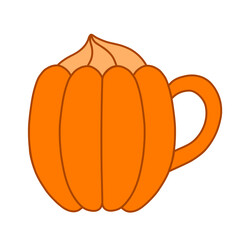 Autumn cup in the shape of a pumpkin with cream. Vector isolated illustration in orange color.
