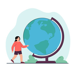 Tiny schoolgirl walking to big school globe. Girl studying planet Earth on geography lesson flat vector illustration. Primary education, learning concept for banner, website design or landing web page