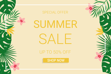 Summer sale banner template with tropical leaves and flowers. 
