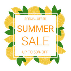 Summer sale banner template with lemons and leaves. Template for social media, flyer and poster