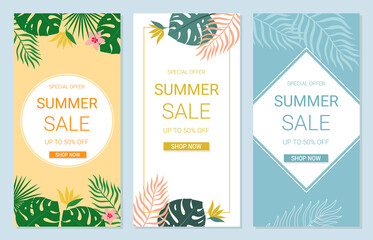 Set of summer sale flyers. Collection of posters with tropical leaves and flowers. 