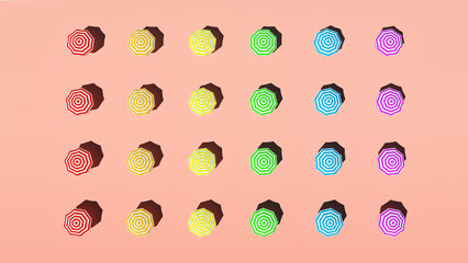 Sunny Beach with Pastel Pink Sand and Rainbow Pride LGBTQ Parasol Umbrella Aerial View Serene Tranquillity 3d illustration render © paul