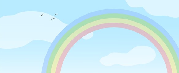 Landscape with rainbows, clouds, birds and blue sky. Background for web or promotion. Vector image.