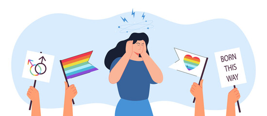 Nervous woman with dizzy symptoms and stress from LGBT parade. Hands holding rainbow flags and signs flat vector illustration. Fatigue, emotion concept for banner, website design or landing web page