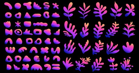 A large set of various abstract shapes and plants in a gradient. Hand drawn doodles. Modern fashion illustration. Cartoon drawing, vector.