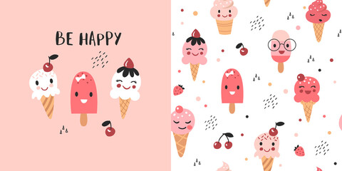 Cute kids pattern with ice creams, seamless background, and baby print. Vector texture for kids bedding, fabric, wallpaper, wrapping paper, textile, t-shirt