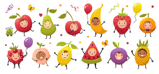 Cute cartoon fruit, funny kids in carnival costume ready for birthday party. Hand drawn vector illustration.