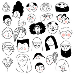 Collection of cute and diverse hand drawn faces with pink cheeks in black and white. Doodle-style people icons for design, stickers, prints