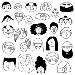 Collection of cute and diverse hand drawn faces in black and white. Doodle-style people icons for design, stickers, prints