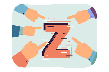 Fingers of human hands pointing on Z letter. Attention on Z generation of young people flat vector illustration. Population, youth, notion concept for banner, website design or landing web page