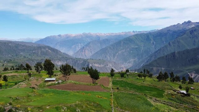 Colca Canyon, Peru: Aerial drone footage of the famous Colca Canyon near Cabanaconde in the Andes mountains in Peru in South America in the Arequipa region. 