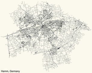 Detailed navigation black lines urban street roads map of the German regional capital city of HAMM, GERMANY on vintage beige background