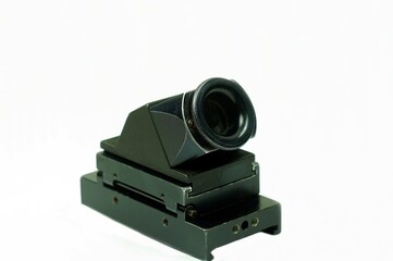 A angle side veiw of the Superimposure Viewing device a film vintage camera.