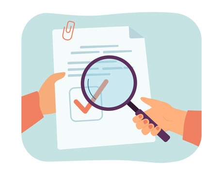 Person looking at approved document through magnifier. Contract with green check mark flat vector illustration. Signature, certificate, permission concept for banner, website design or landing web