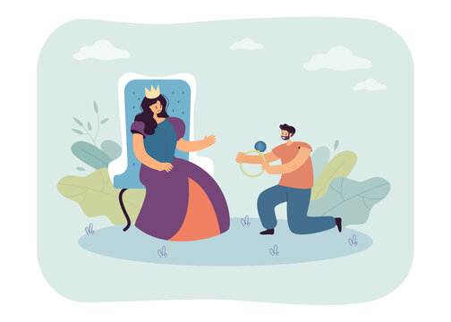 Man on knee giving precious ring to queen, proposing marriage. Woman in crown sitting on throne flat vector illustration. Engagement, gift concept for banner, website design or landing web page