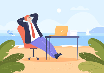 Happy office worker resting on beach during break. Businessman relaxing and dreaming of rest, Friday or weekend flat vector illustration. Vacation, relaxation concept for banner or landing web page