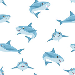 Cartoon sharks seamless pattern. Vector background with cute marine predators.