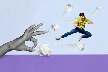 Creative drawing collage image of big hand black white colors shoot kick crumpled paper small guy...