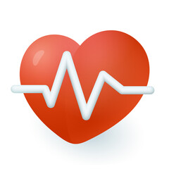 Comic red heart with pulse line 3D icon. Heart with heartbeat rate 3D vector illustration on white background. Medicine, health, healthcare, cardiology concept