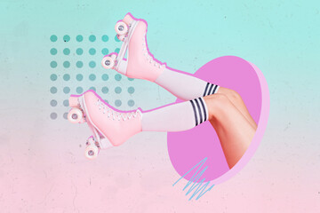 Composite collage picture of cropped girl legs wear pink roller skates long socks isolated on...