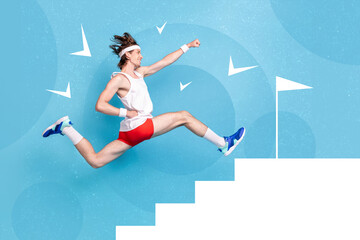 3d retro abstract creative artwork template collage of funny sporty guy running fast upstairs isolated blue drawing background