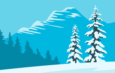 Winter snowy forest. Ate in the snow. Beautiful mountain landscape. Nature background with blue sky. Vector cartoon illustration