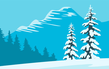 Fototapeta premium Winter snowy forest. Ate in the snow. Beautiful mountain landscape. Nature background with blue sky. Vector cartoon illustration