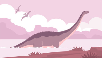 Big brontosaurus with a long neck. Bathes in water. Ancient lizard apatosaurus. Herbivorous dinosaur of the Jurassic period. Vector cartoon illustration. Prehistoric nature. Wild landscape with a lake © Mikhail