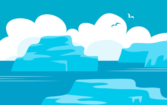 Arctic northern landscape with sea and icebergs. Ice floes float in cold water. Nature of the north. Polar wildlife. Vector cartoon illustration with blue background