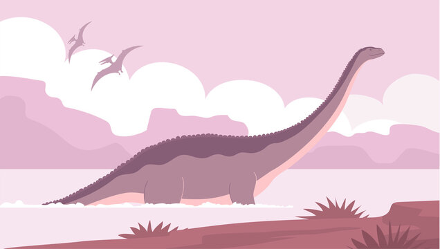 Big brontosaurus with a long neck. Bathes in water. Ancient lizard apatosaurus. Herbivorous dinosaur of the Jurassic period. Vector cartoon illustration. Prehistoric nature. Wild landscape with a lake