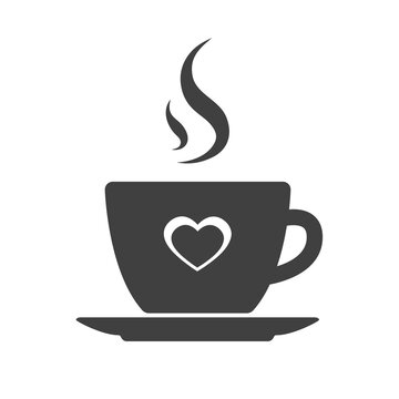 Black silhouette of a cup with a hot drink. Heart pattern. Tea or coffee. Lunch break symbol. Icon logo for cafe and coffee shop. Vector black and white isolated illustration