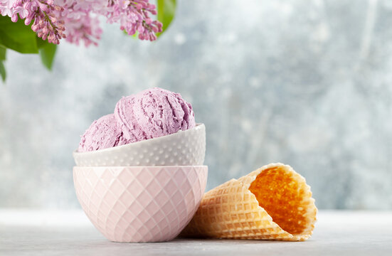 Berry ice cream and waffle cones