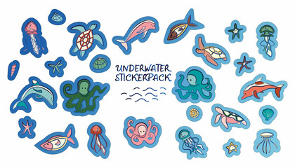 Big sticker pack with sea creatures living underwater